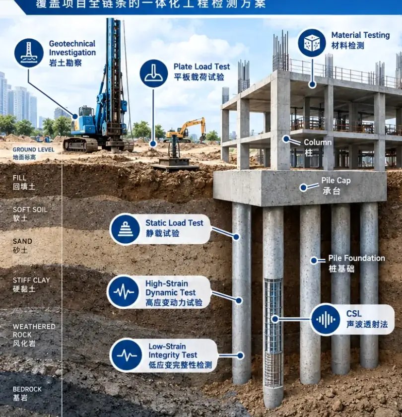 Illustration of investigation and testing methods from ground to structure